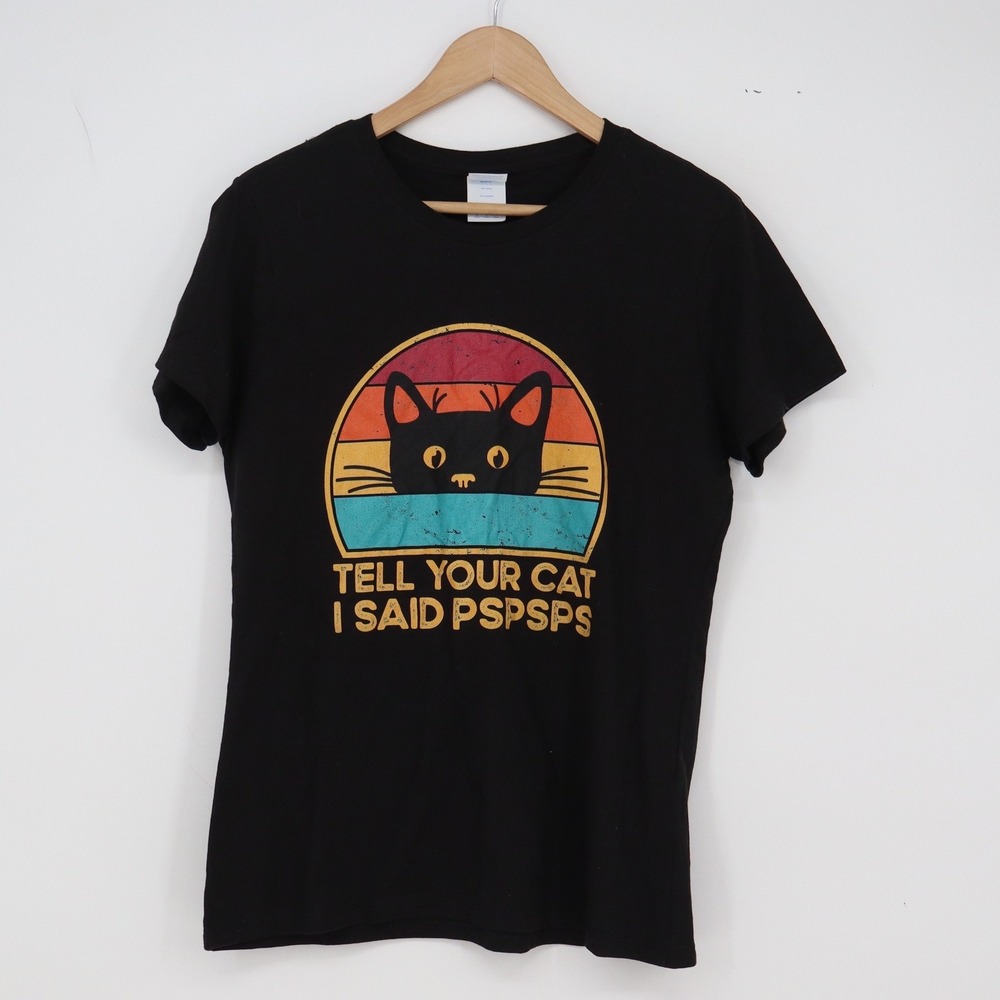Port & Company T-Shirt Womens Medium Fan Favorite Black Graphic Cat Excellent